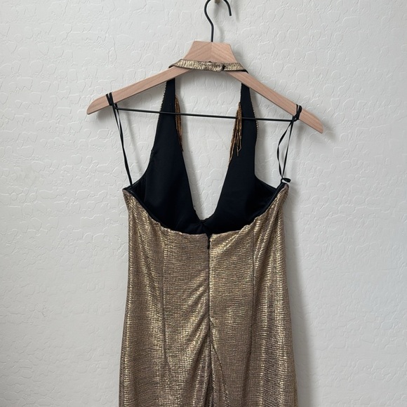 BELLE Badgley Mischka Gold Fringe Beaded Neckline Halter Dress Gown Size 6 - Picture 6 of 7